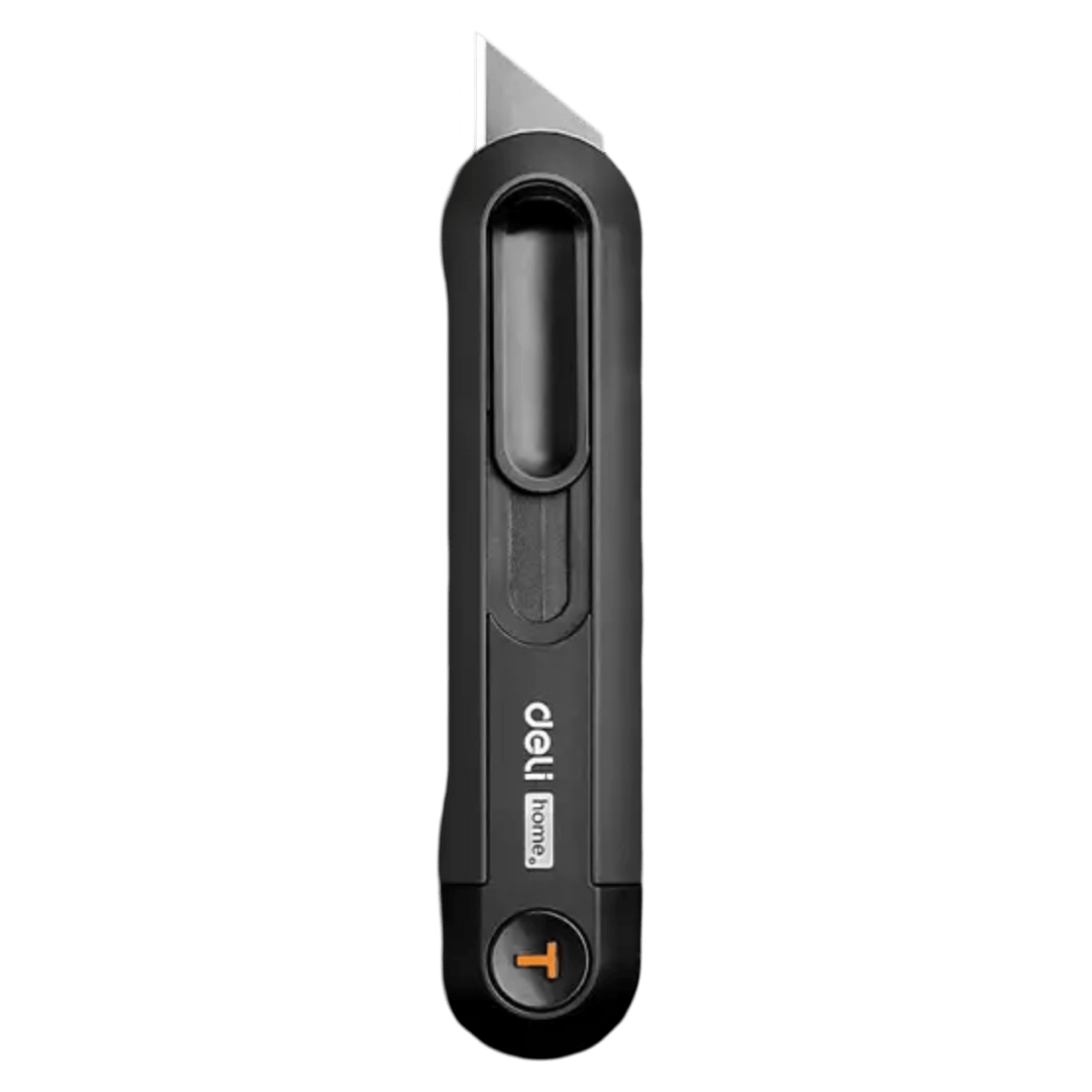 Deli box cutter straight on: black handle with thumb slider, deli home logo and blade out
