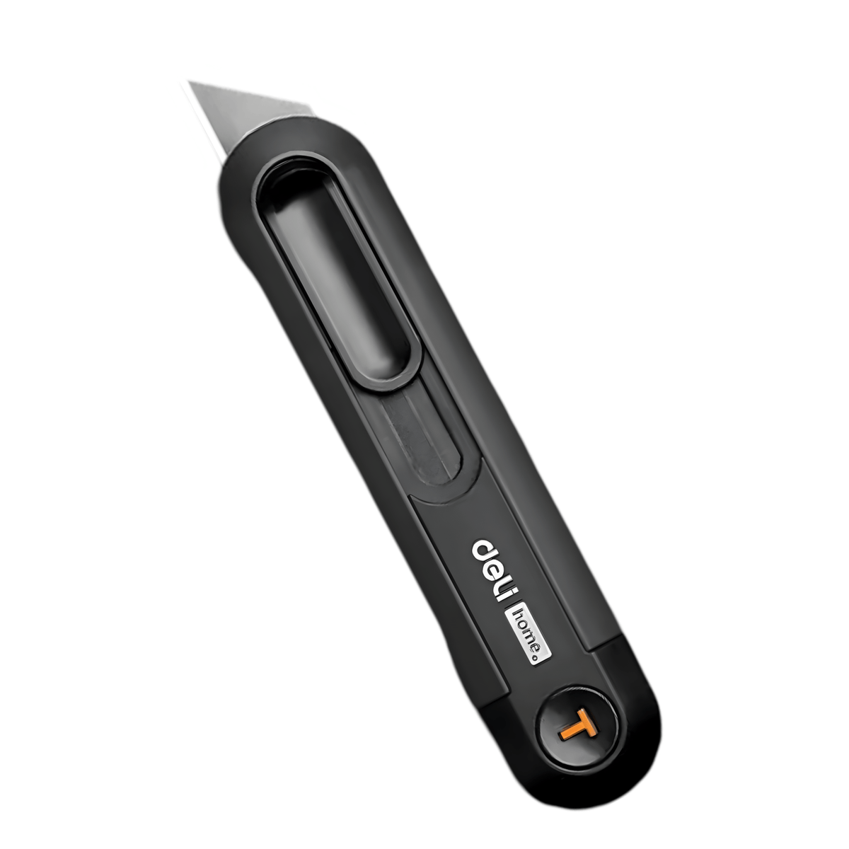 Deli auto-retract box cutter at an angle with the blade extended and the orange end button visible