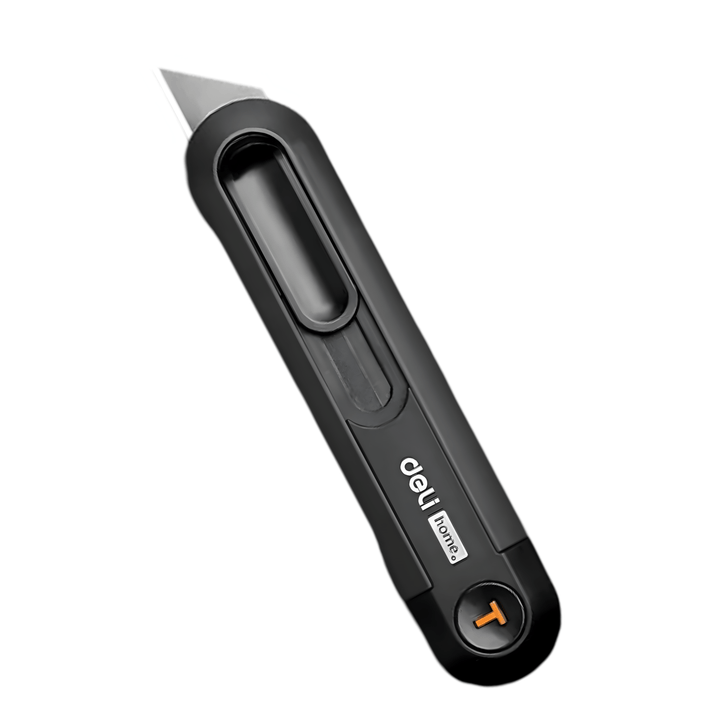 Deli auto-retract box cutter at an angle with the blade extended and the orange end button visible