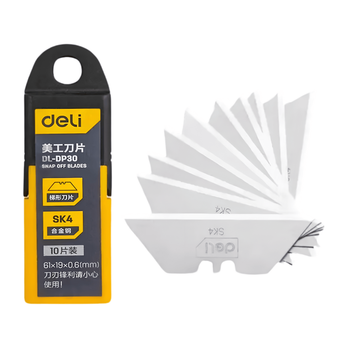 Deli DL-DP30 SK4 utility knife blades: yellow and black pack of 10 next to a fan of silver trapezoid blades