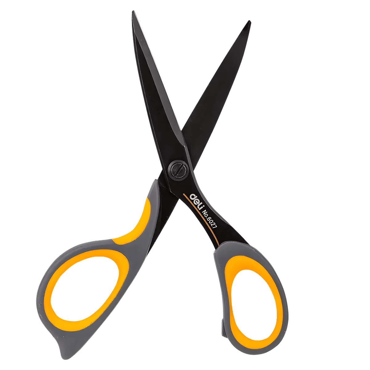 Deli E6027 scissors open, showing the black coated blades, rivet and No.6027 marking