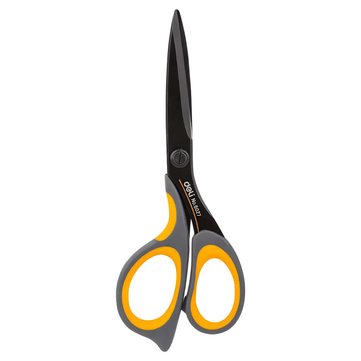 Deli E6027 precision scissors, closed, with black non-stick blades and grey and yellow soft-grip handles