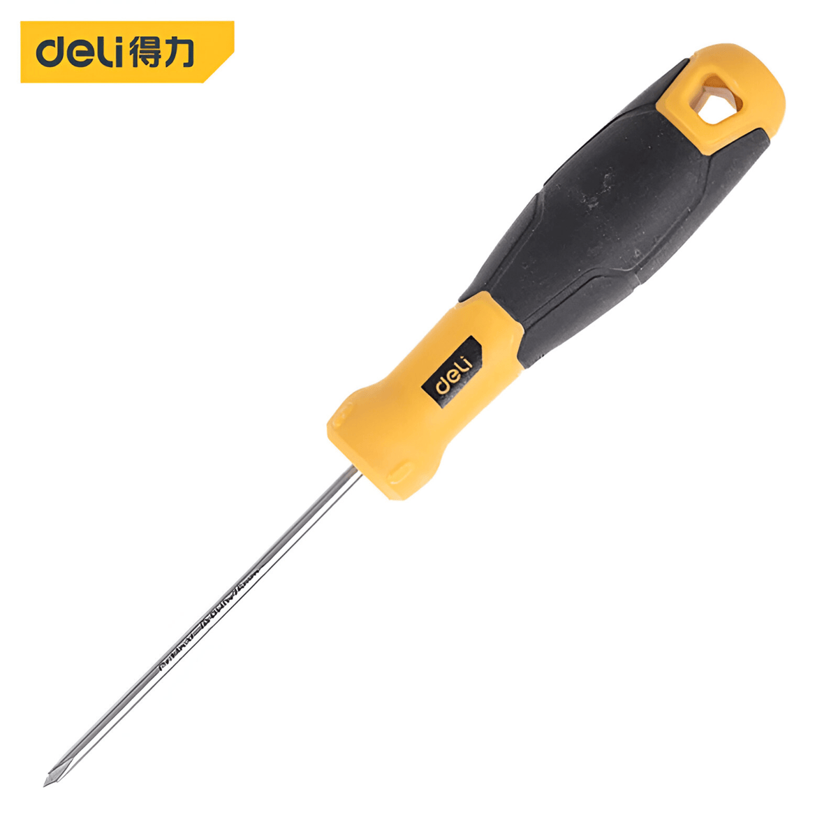 Deli screwdriver with a yellow and black handle, hang hole at the end and long thin steel shaft