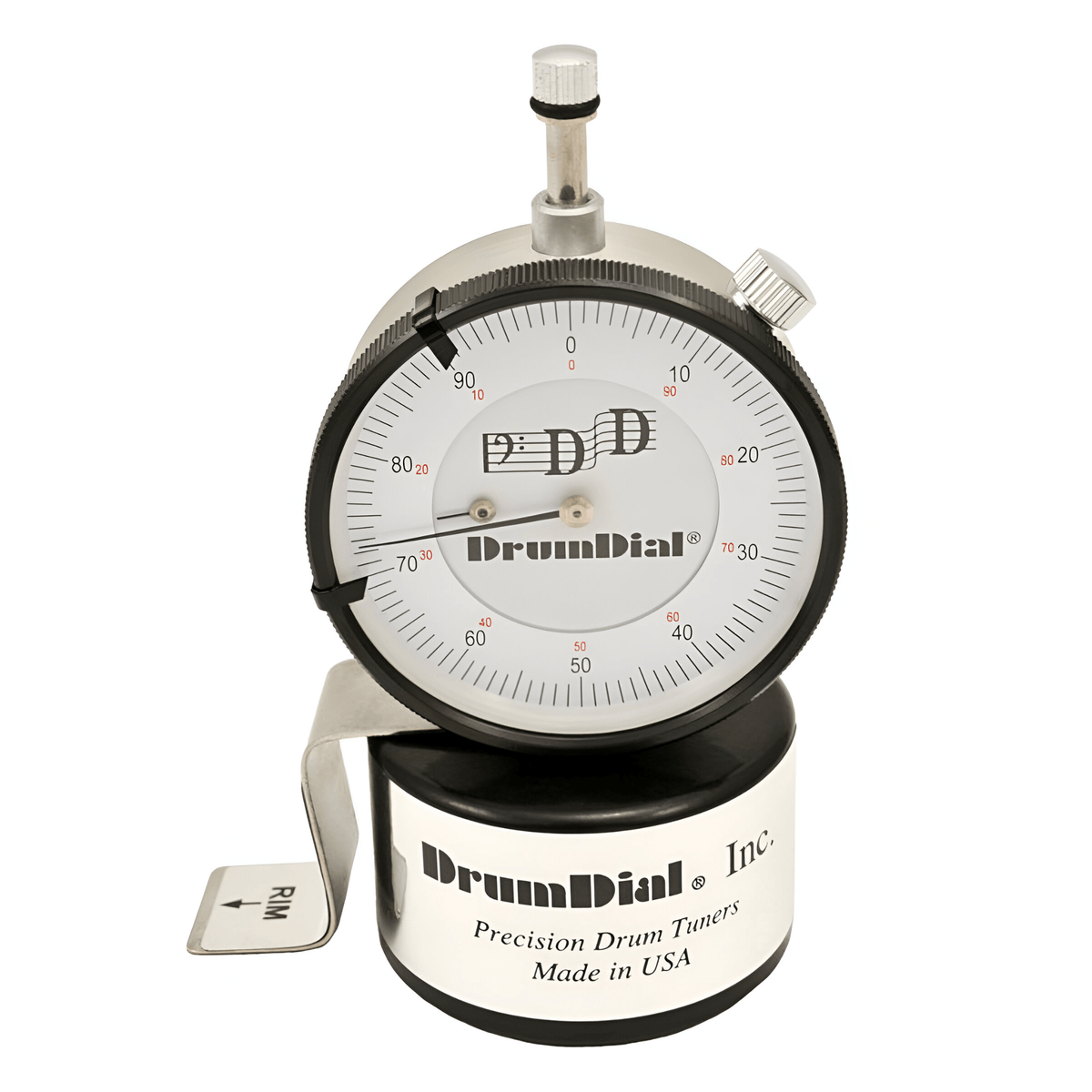DrumDial analogue drum tuner, front view of the white dial face, rim edge gauge and Made in USA steel base
