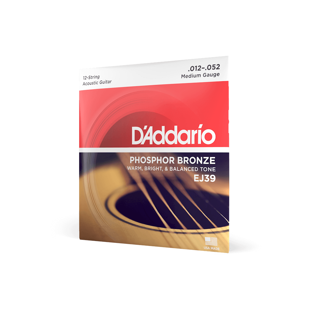 D'Addario EJ39 phosphor bronze 12-string acoustic guitar strings, medium 12-52, in the packet
