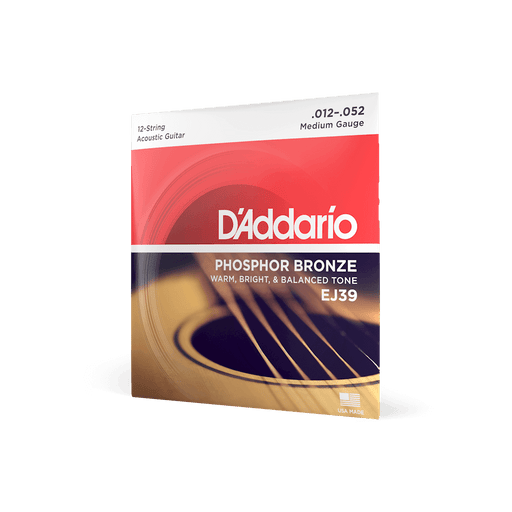 D'Addario EJ39 phosphor bronze 12-string acoustic guitar strings, medium 12-52, in the packet