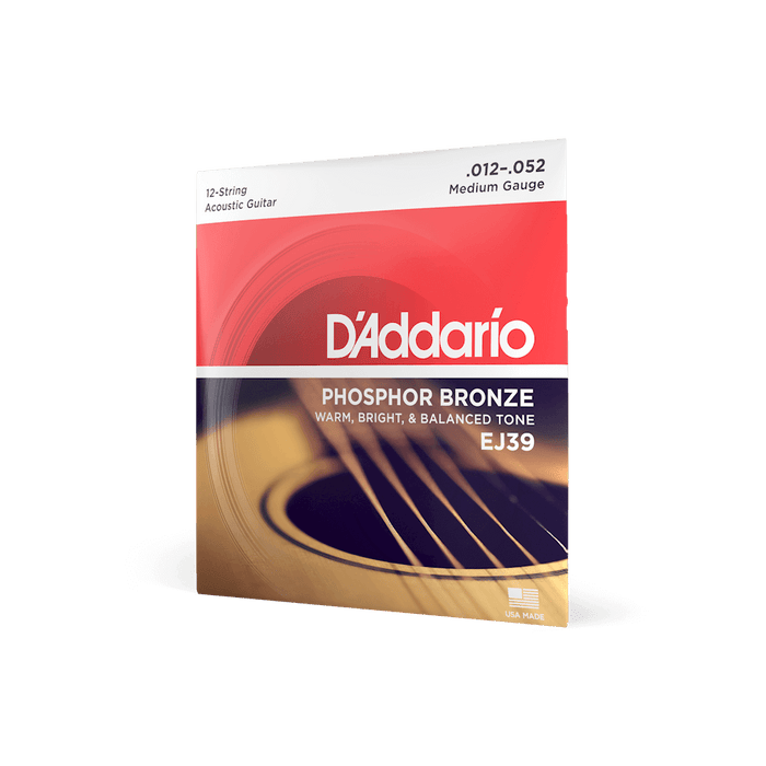 D'Addario EJ39 phosphor bronze 12-string acoustic guitar strings, medium 12-52, in the packet