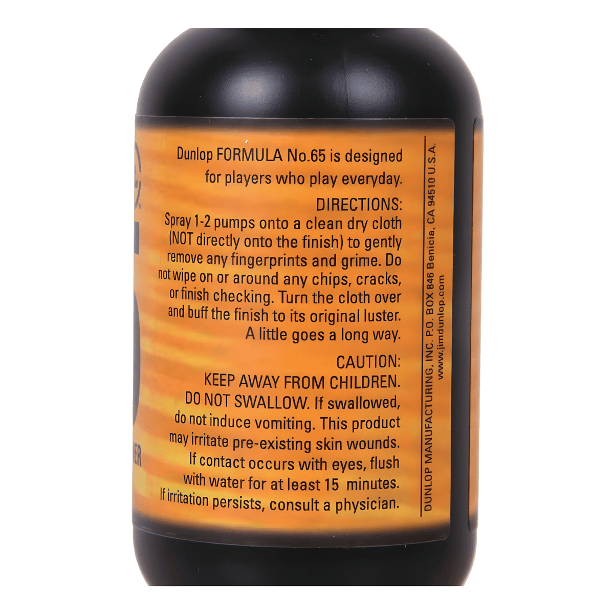 Back label of Dunlop Formula No. 65 guitar polish and cleaner showing the directions and caution text