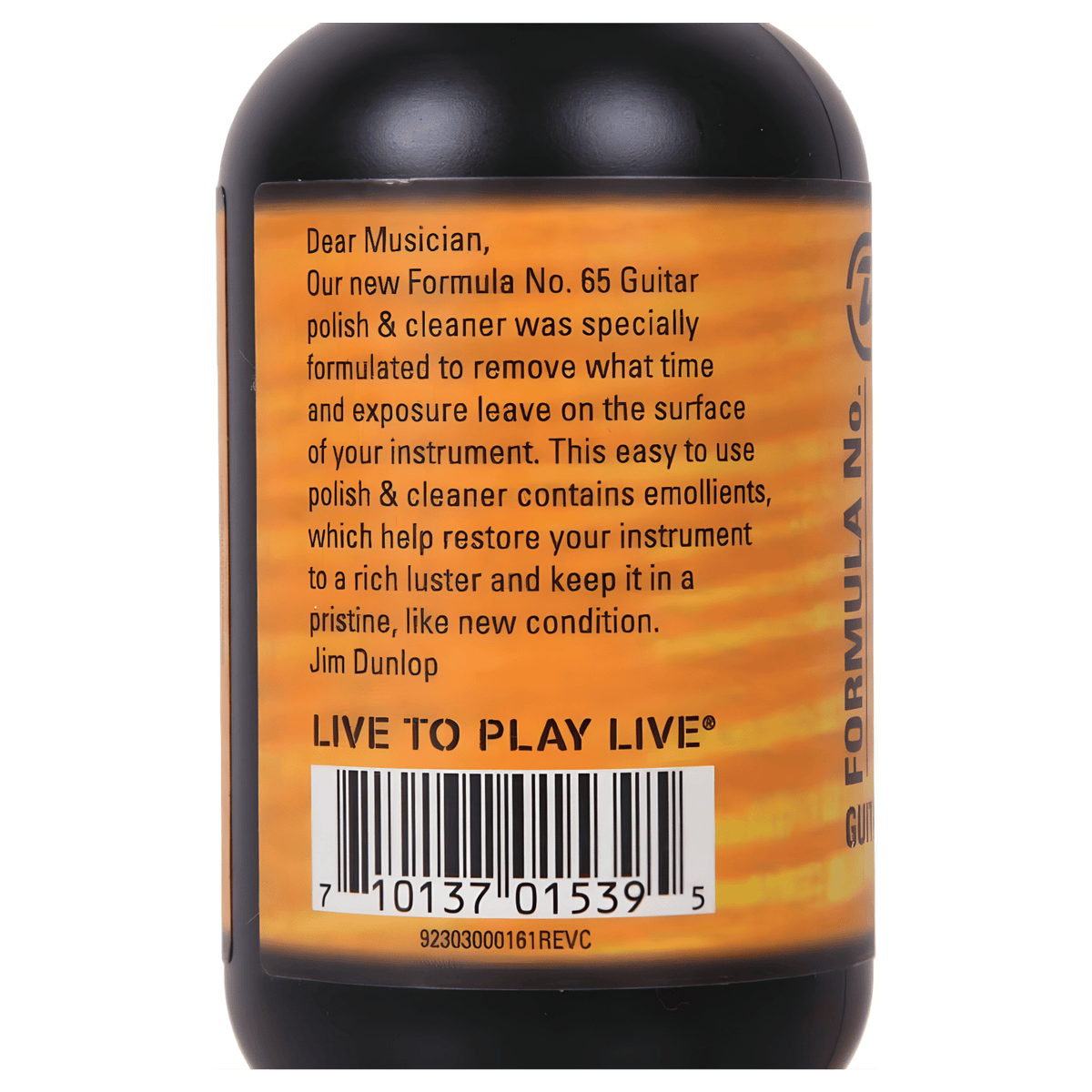 Side label of Dunlop Formula No. 65 guitar polish with the Dear Musician note from Jim Dunlop and the barcode
