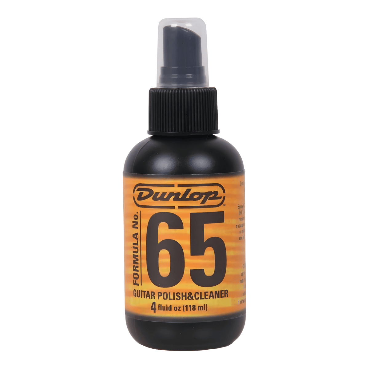 Dunlop Formula No. 65 Guitar Polish & Cleaner, 4 fl oz (118ml) black pump spray bottle with orange label, front view