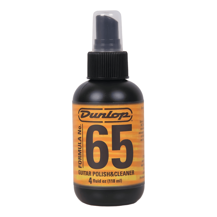 Dunlop Formula No. 65 Guitar Polish & Cleaner, 4 fl oz (118ml) black pump spray bottle with orange label, front view