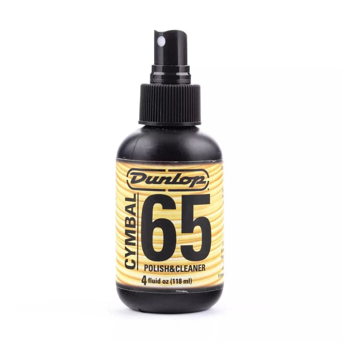 Dunlop Formula 65 Cymbal 65 Polish & Cleaner, 4 fl oz (118ml) black pump spray bottle with gold label