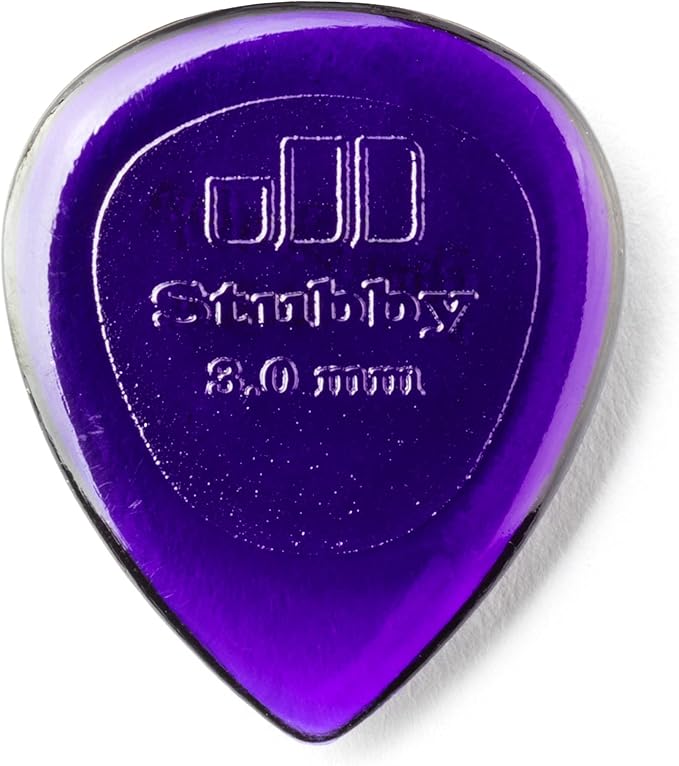 Translucent dark purple Dunlop Stubby Jazz pick with the JD logo, Stubby and 3.0mm embossed on the grip
