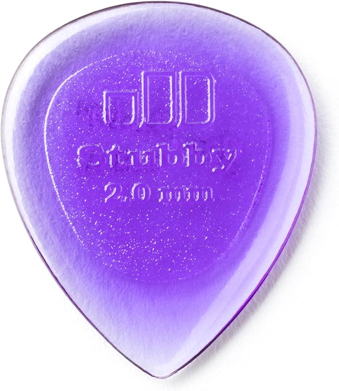 Translucent light purple Dunlop Stubby Jazz pick with the JD logo, Stubby and 2.0mm embossed on a textured grip panel