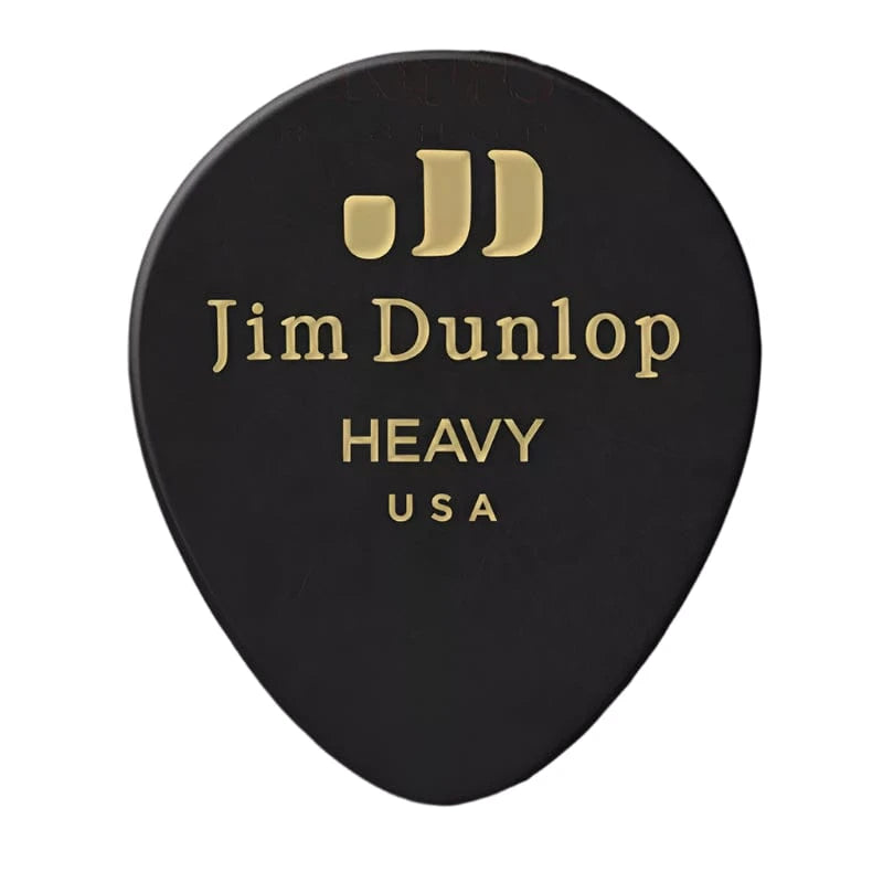 Black Dunlop celluloid teardrop pick printed in gold with the JD logo, Jim Dunlop, Heavy and USA