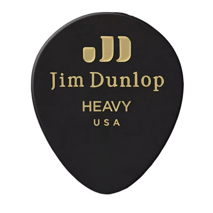Black Dunlop celluloid teardrop pick printed in gold with the JD logo, Jim Dunlop, Heavy and USA