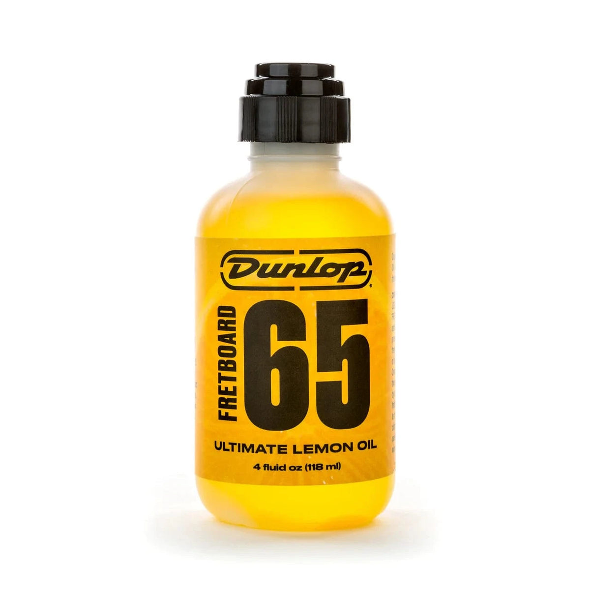 Dunlop Fretboard 65 Ultimate Lemon Oil, 4 fl oz (118ml) clear bottle of yellow oil with black cap, front label
