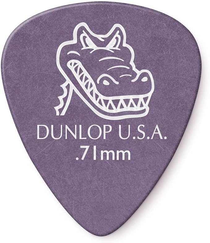 Purple Dunlop Gator Grip standard pick printed in white with the gator logo, Dunlop USA and .71mm