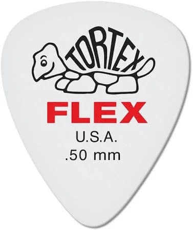 Dunlop Tortex Flex 0.50mm standard pick, white with red Flex print, turtle logo and U.S.A. gauge marking