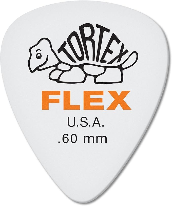 Dunlop Tortex Flex 0.60mm standard pick, white with orange Flex print, turtle logo and U.S.A. gauge marking