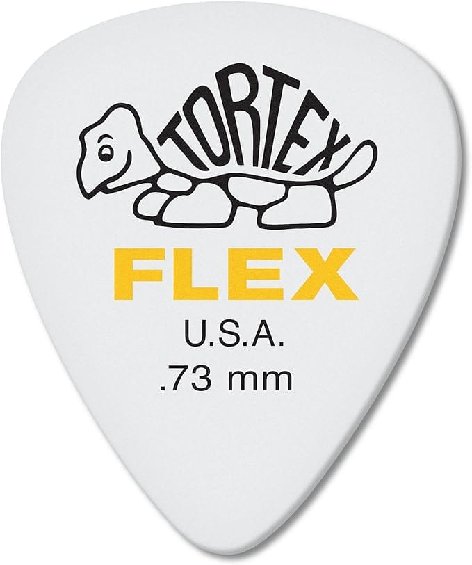 Dunlop Tortex Flex 0.73mm standard pick, white with yellow Flex print, turtle logo and U.S.A. gauge marking