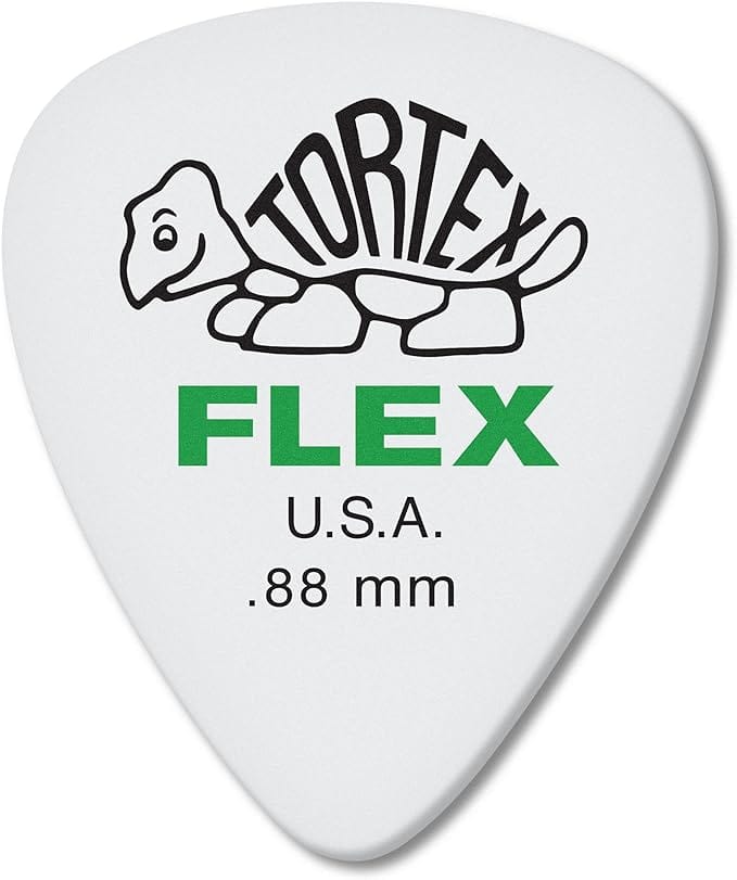 Dunlop Tortex Flex 0.88mm standard pick, white with green Flex print, turtle logo and U.S.A. gauge marking