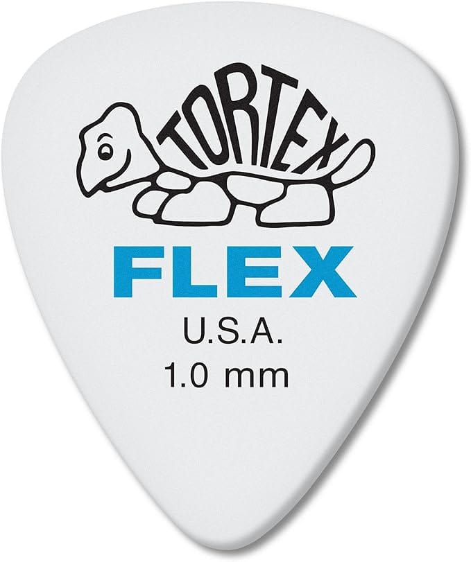 Dunlop Tortex Flex 1.0mm standard pick, white with blue Flex print, turtle logo and U.S.A. gauge marking