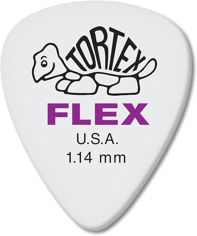 Dunlop Tortex Flex 1.14mm standard pick, white with purple Flex print, turtle logo and U.S.A. gauge marking