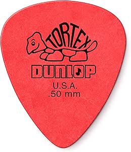 Red Dunlop Tortex Standard 0.50mm pick with turtle logo, Dunlop and U.S.A. printed in black