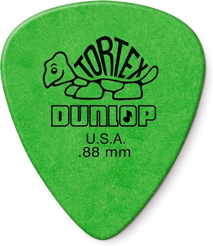 Green Dunlop Tortex Standard 0.88mm pick with turtle logo, Dunlop and U.S.A. printed in black