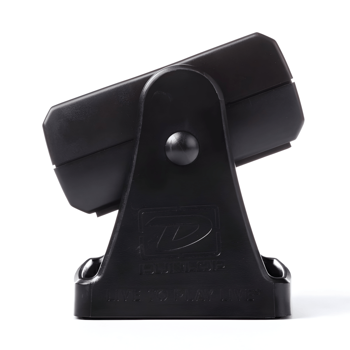 Side view of the black Dunlop System 65 NC65 neck cradle, showing the pivoting cradle on its base with Dunlop logo