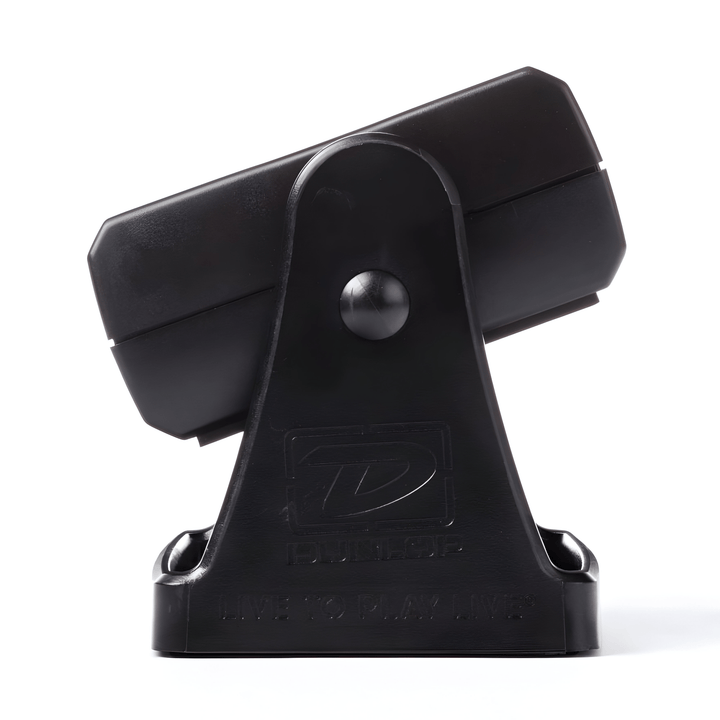 Side view of the black Dunlop System 65 NC65 neck cradle, showing the pivoting cradle on its base with Dunlop logo