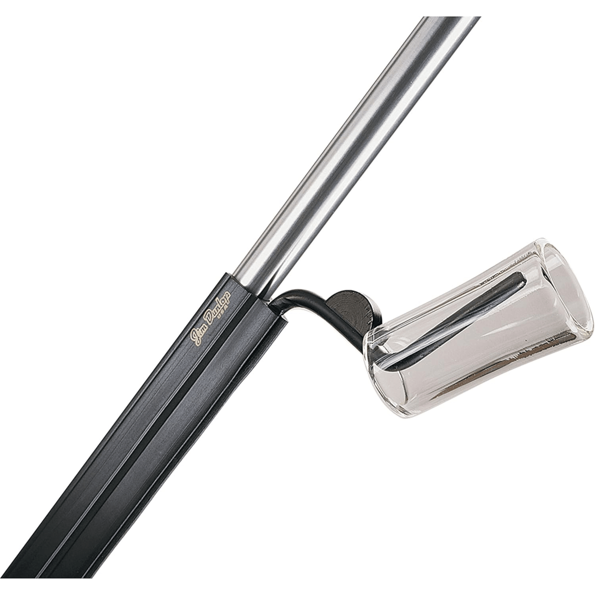 Dunlop 5015 black rubber pick holder fitted to a chrome mic stand tube, slide peg holding a glass slide