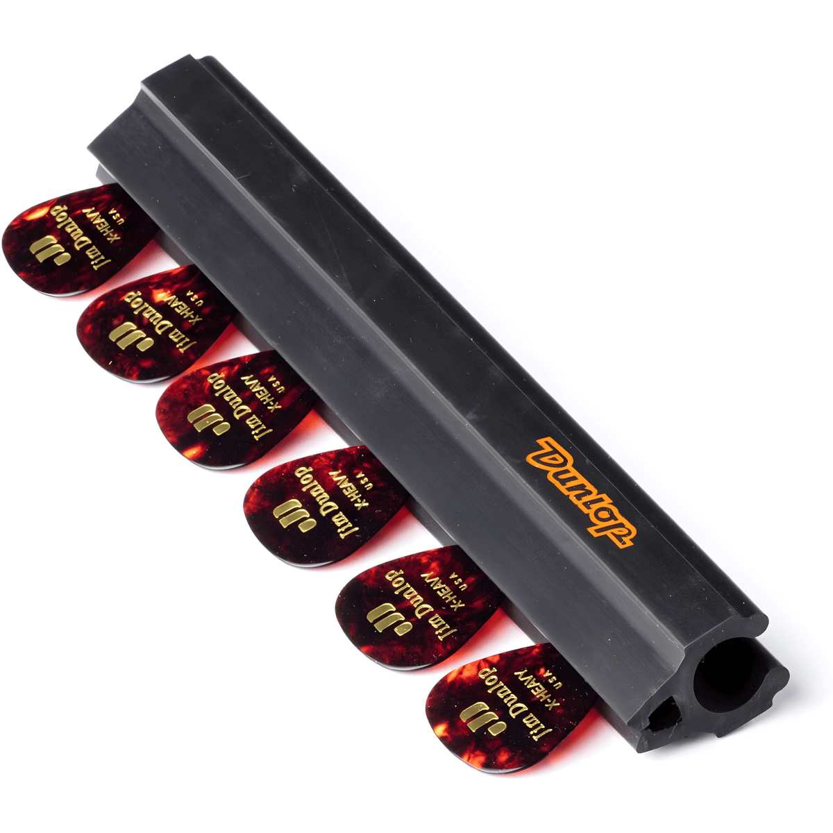 Dunlop 5010 black rubber pickholder holding six tortoiseshell Jim Dunlop picks, orange Dunlop logo on the side