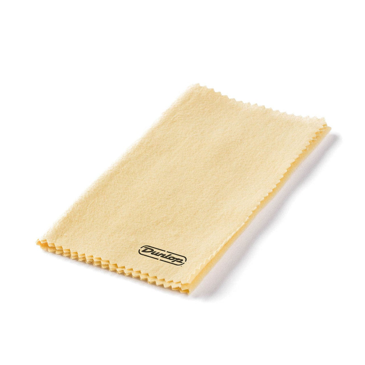 Folded pale yellow Dunlop 5400 microfibre polish cloth with zigzag pinked edges and black Dunlop logo