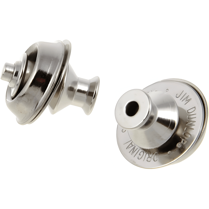 Dunlop Straplok nickel locks from another angle showing the bell cover and wide flange