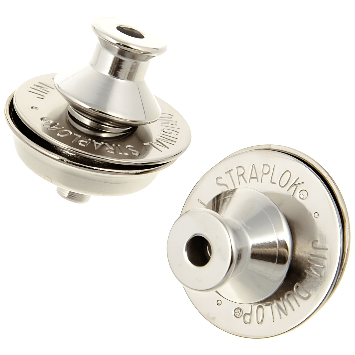 Two Dunlop Straplok nickel lock assemblies close up, washer stamped Straplok and Jim Dunlop