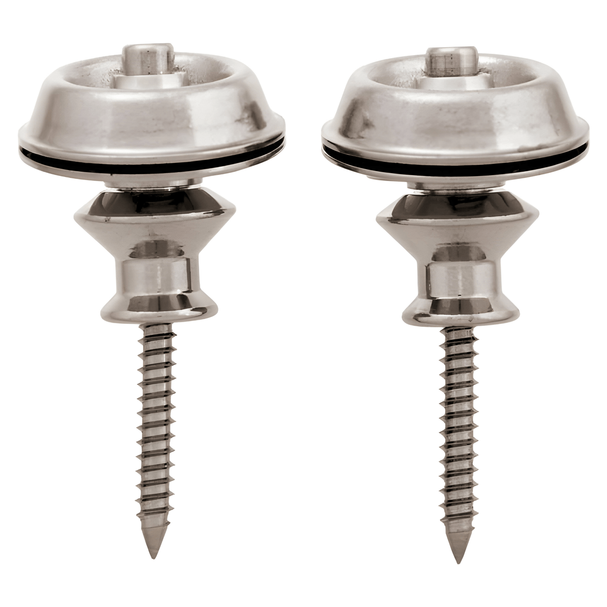 Pair of Dunlop Straplok Dual Design nickel strap buttons with mounting screws, side view