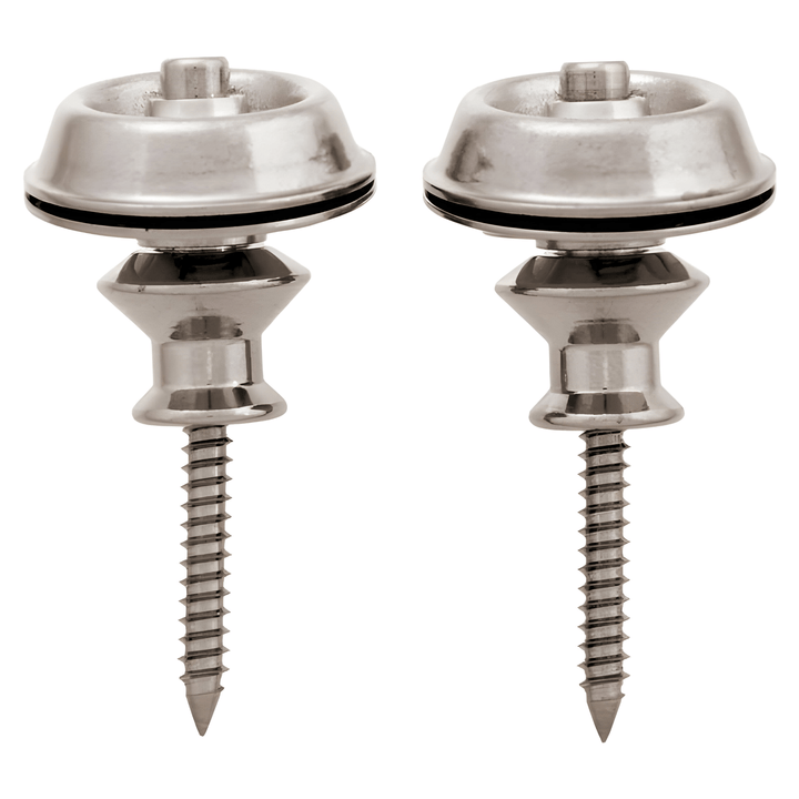 Pair of Dunlop Straplok Dual Design nickel strap buttons with mounting screws, side view