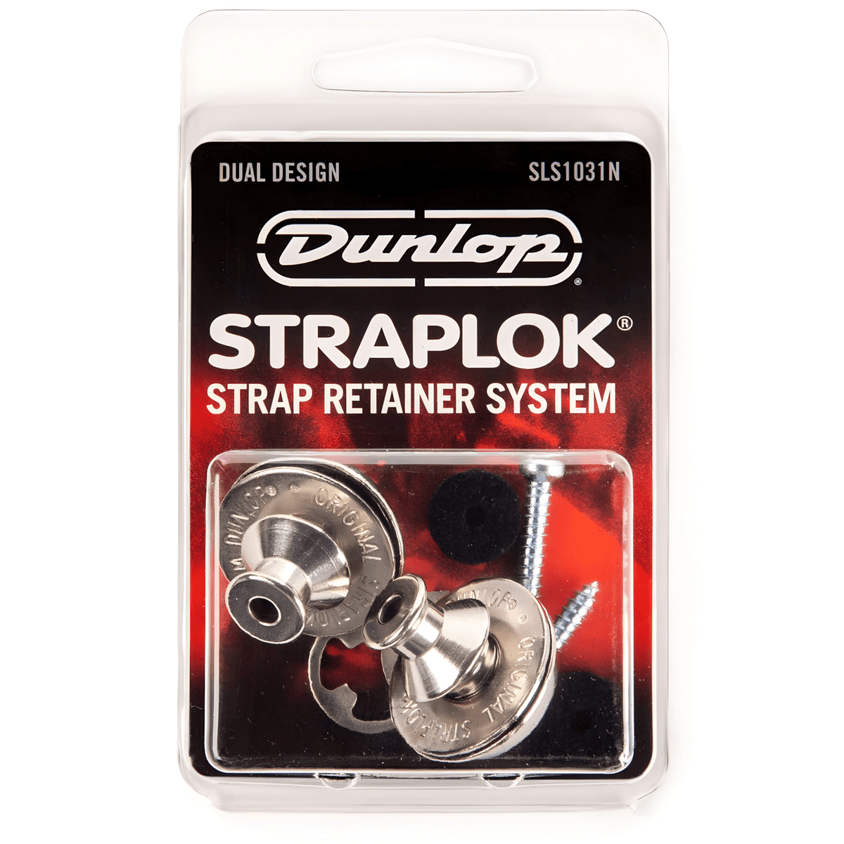 Dunlop Straplok Dual Design SLS1031N strap retainer system in its retail pack, nickel locks and screws visible
