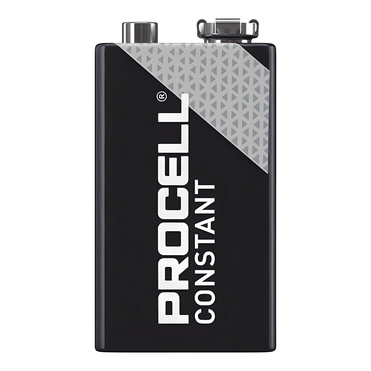 Single Duracell Procell Constant 9V battery, front view showing the snap terminals