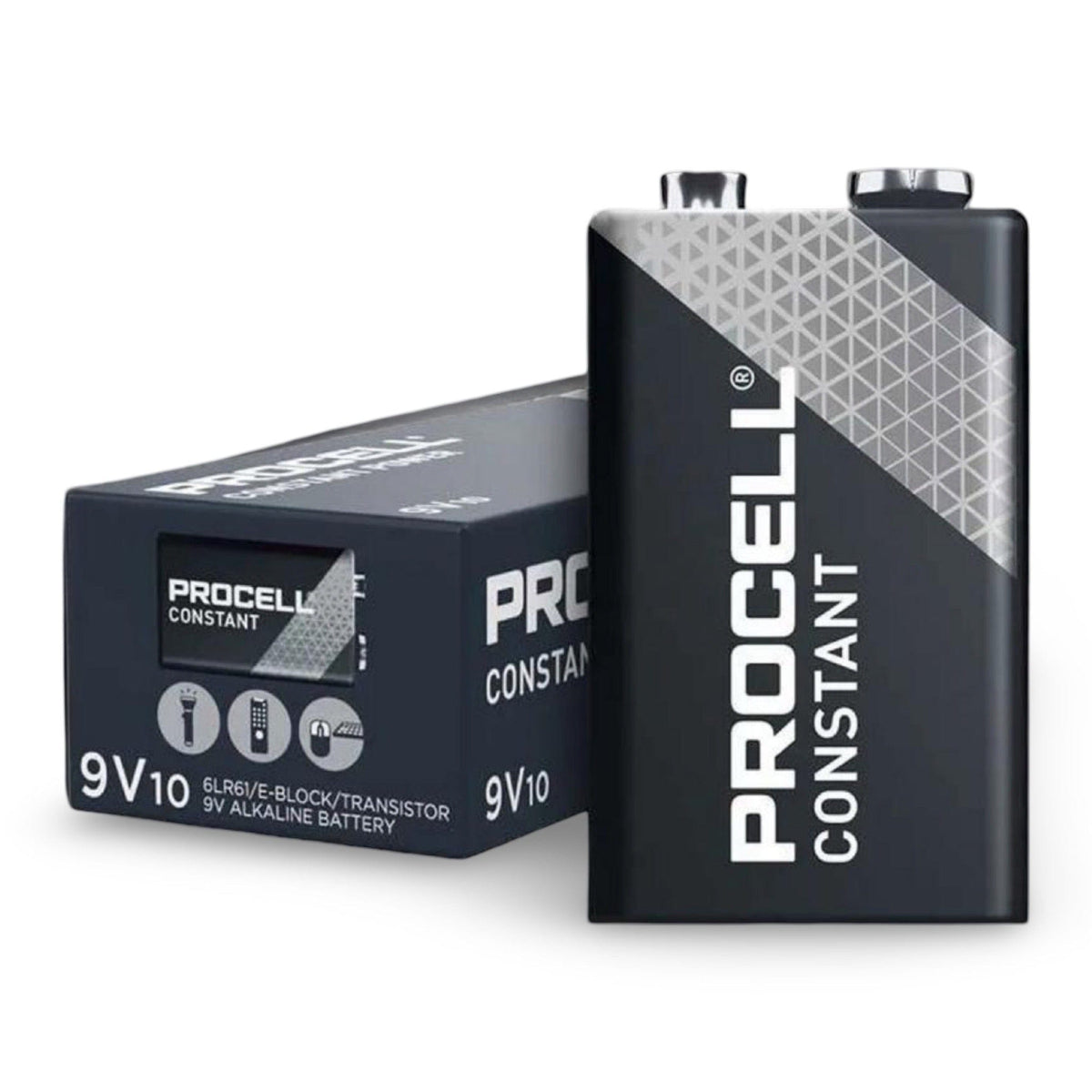 Duracell Procell Constant 9V battery in front of its box of 10, marked 6LR61/E-Block/Transistor