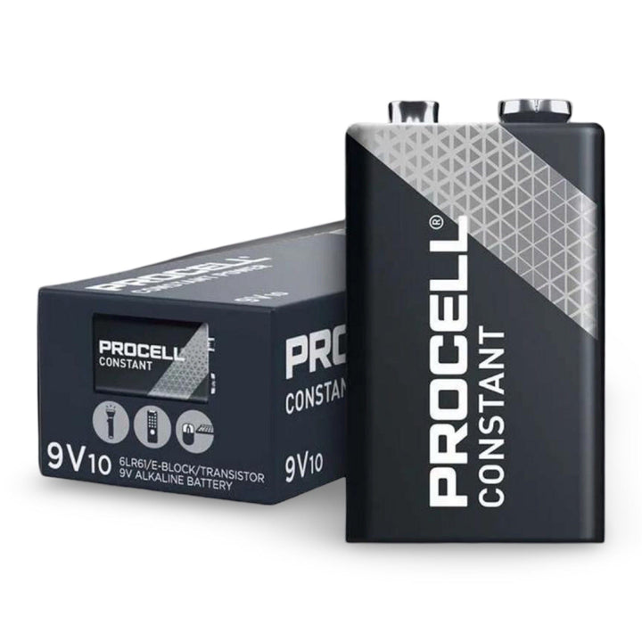 Duracell Procell Constant 9V battery in front of its box of 10, marked 6LR61/E-Block/Transistor