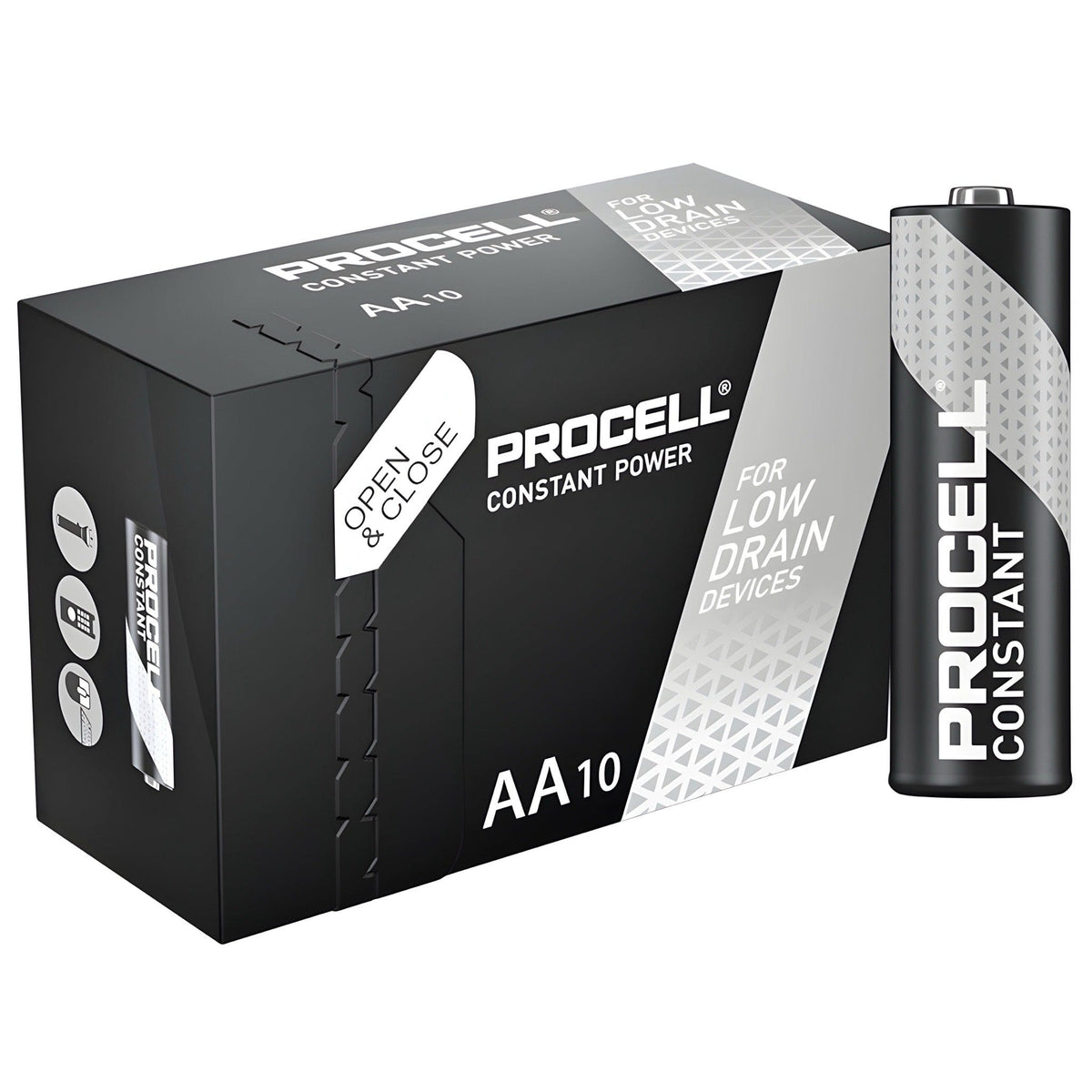 Duracell Procell Constant AA box of 10 marked 'Constant Power – for low drain devices', with an AA cell in front