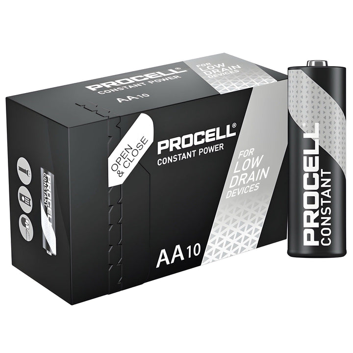 Duracell Procell Constant AA box of 10 marked 'Constant Power – for low drain devices', with an AA cell in front