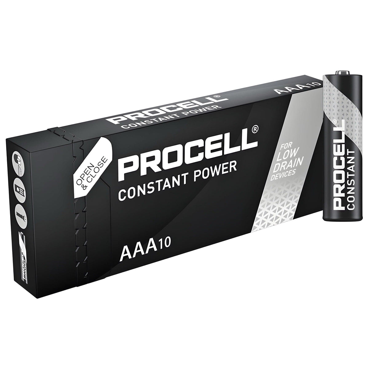Duracell Procell Constant Power AAA box of 10 marked for low drain devices, with one AAA battery standing beside it