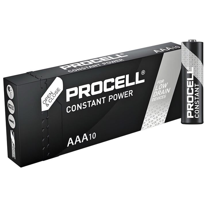 Duracell Procell Constant Power AAA box of 10 marked for low drain devices, with one AAA battery standing beside it