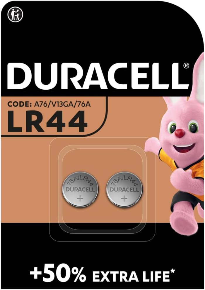 Duracell LR44 alkaline twin pack card showing two button cells and the code A76/V13GA/76A