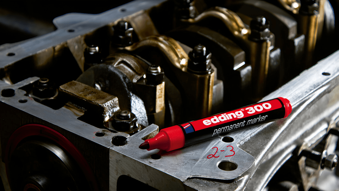 Red Edding 300 (colour shown for illustration) resting on an engine block, with numbers marked on the metal