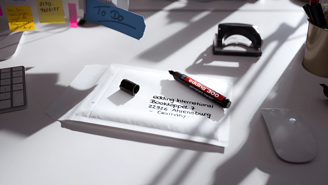 Edding 300 in red (colour shown for illustration) on a padded envelope addressed in marker, on a desk